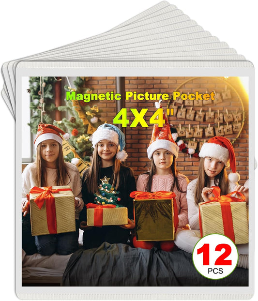 White Magnetic Picture Frame 4X4 for Refrigerator,12 Pieces Square Photo Magnets Sleeves for Fridge and Whiteboard,Locker