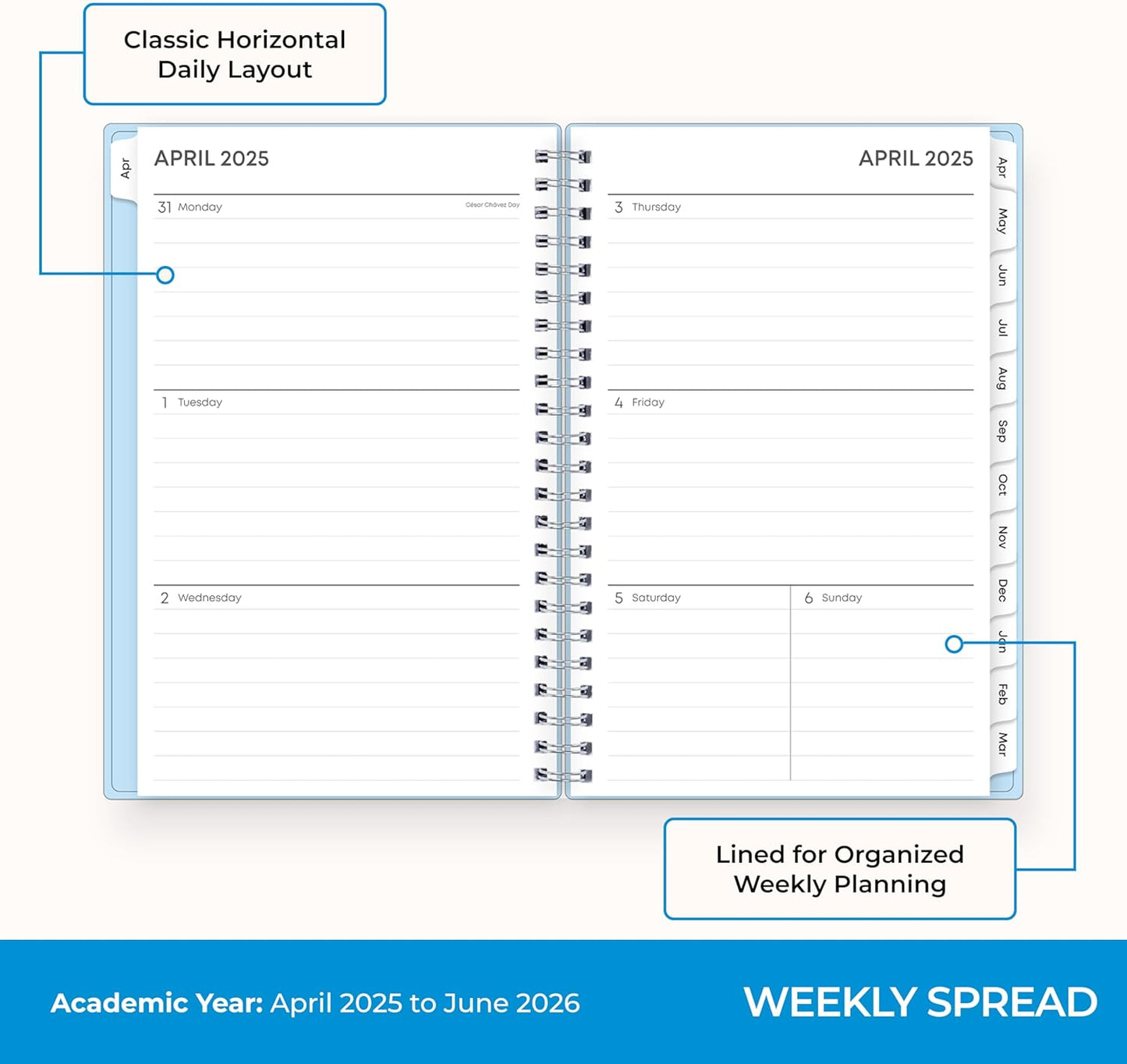 Blue Sky 2025-2026 Academic Year Weekly and Monthly Planner Calendar, April 2025 - June 2026, 15-Month, 5" x 8", Flexible Cover With Pocket, Wirebound, Storage Pocket, Blues