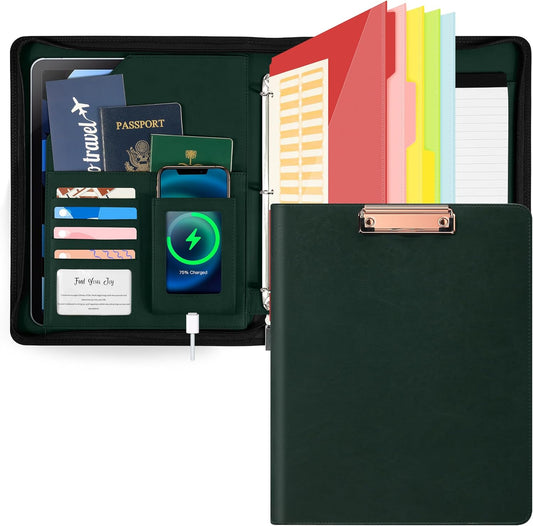 Leather Clipboard with Storage, Zippered Padfolio Portfolio Organizer, 3 Ring Binder 1 Inch, Notepad, Tablet Sleeve, 5 Dividers with Pocket, Stickets for Office, Nurses, Students, Teachers Green