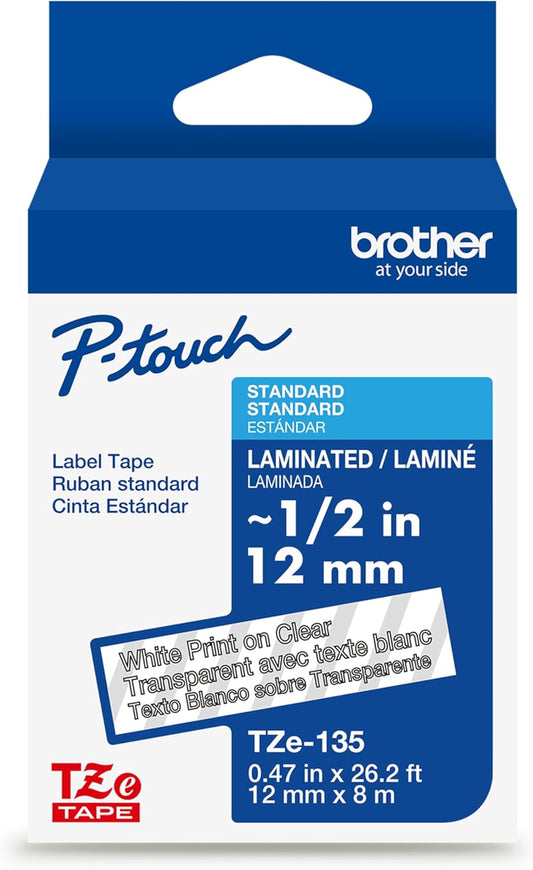 Brother TZe135 Laminated Tape, 1/2 Inch, White on Clear