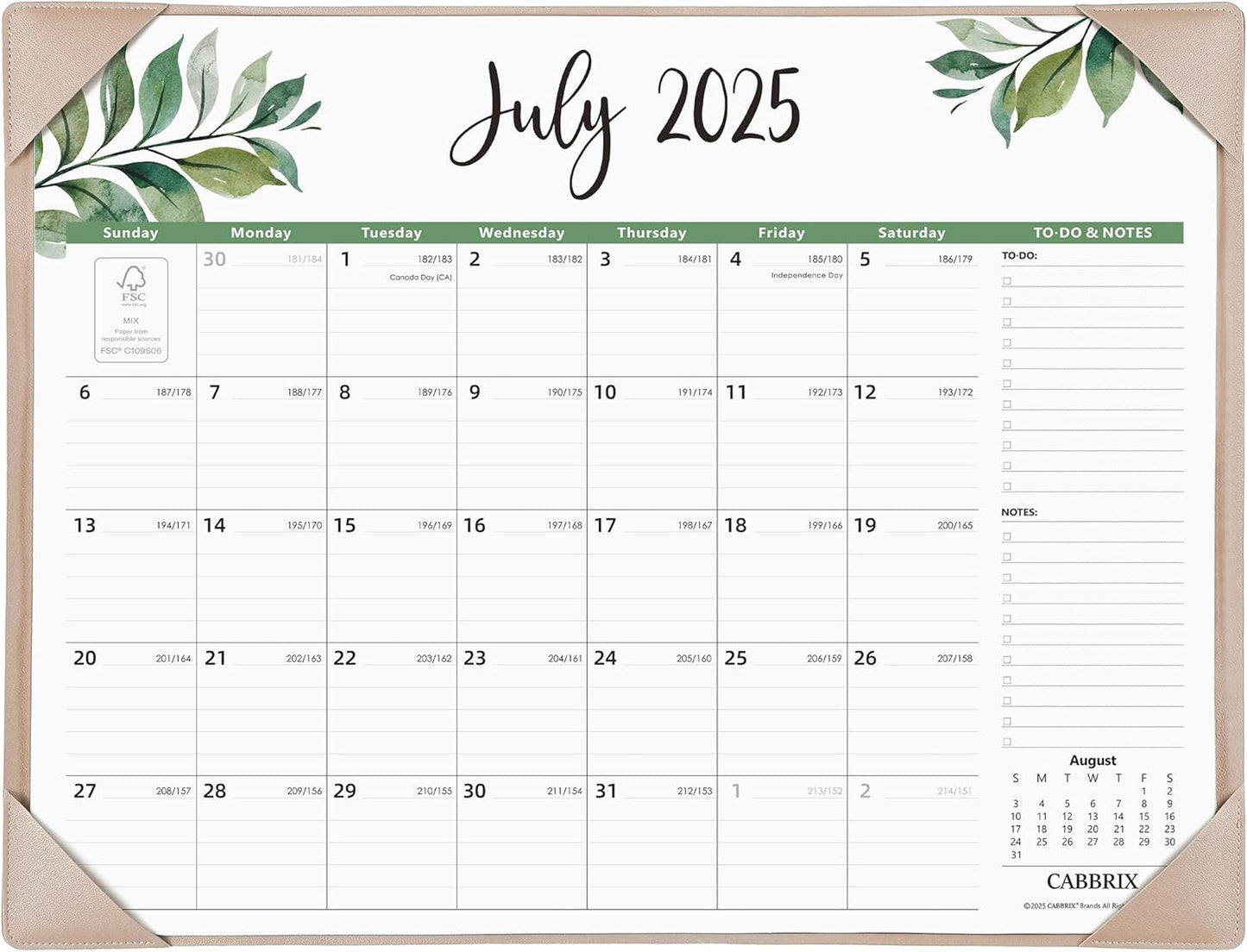 Large Desk Calendar 2025-2026 with Desktop Mat, Cabbrix Desk Pad Calendar 22 x 17 Inch Runs From July 2025 to December 2026 for Home Office and School, Leaf