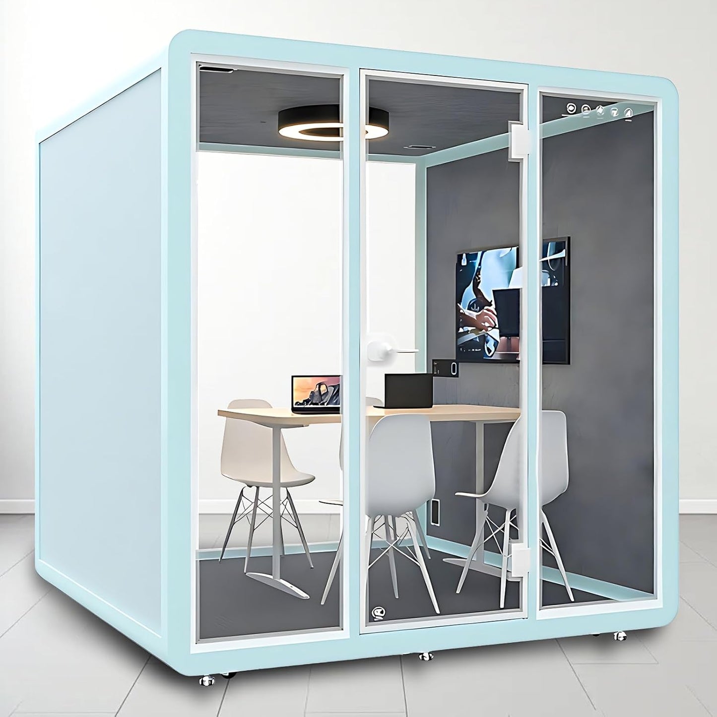 Office Sound Booth with Audio Privacy - Freestanding Soundproof Booth Includes Light Blue Frame Design,Modern Soundproof Room with Light, Socket,Casters for Meeting,Negotiation (86.61IN)