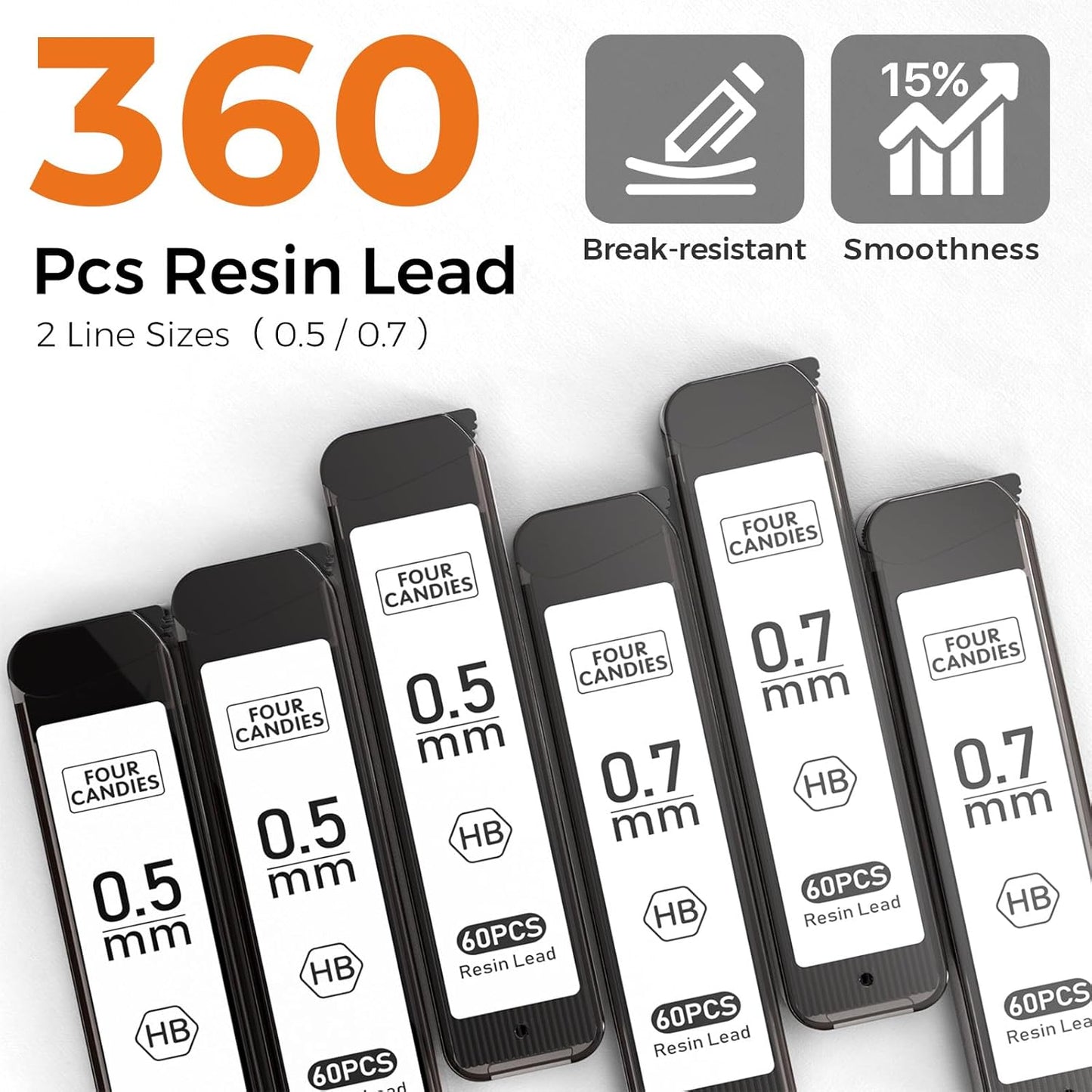 Four Candies 2PCS Metal Mechanical Pencils Set with Case, 0.5mm & 0.7 mm Artist Pencil with 6 Tubes (360PCS) HB Lead Refills, 3 Erasers,9 Eraser Refills For Writing Drafting, Drawing, Silver