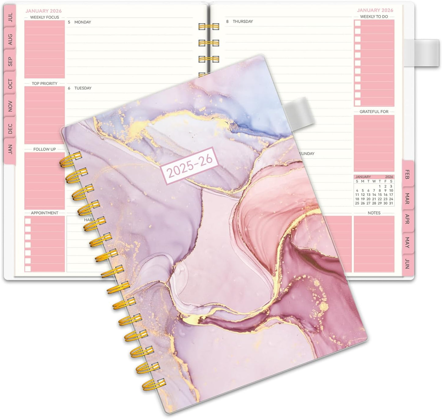 Planner 2025-2026-Weekly and Monthly, Academic Planner 2025-2026 run from Jul.2025 - Jun.2026, Planners 2025-2026 for Women, AIMPEAK Daily Calendar Planners for Teacher & Student, Monthly Tabs, Pink Marble, 5.5"x8.5"