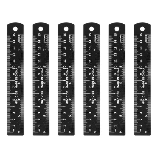 HARFINGTON 6pcs Metal Straight Ruler 15cm Metric SAE Aluminum Alloy Measuring Rulers Scale Tool with Hole for Measure Study Reading Classroom Office, Black