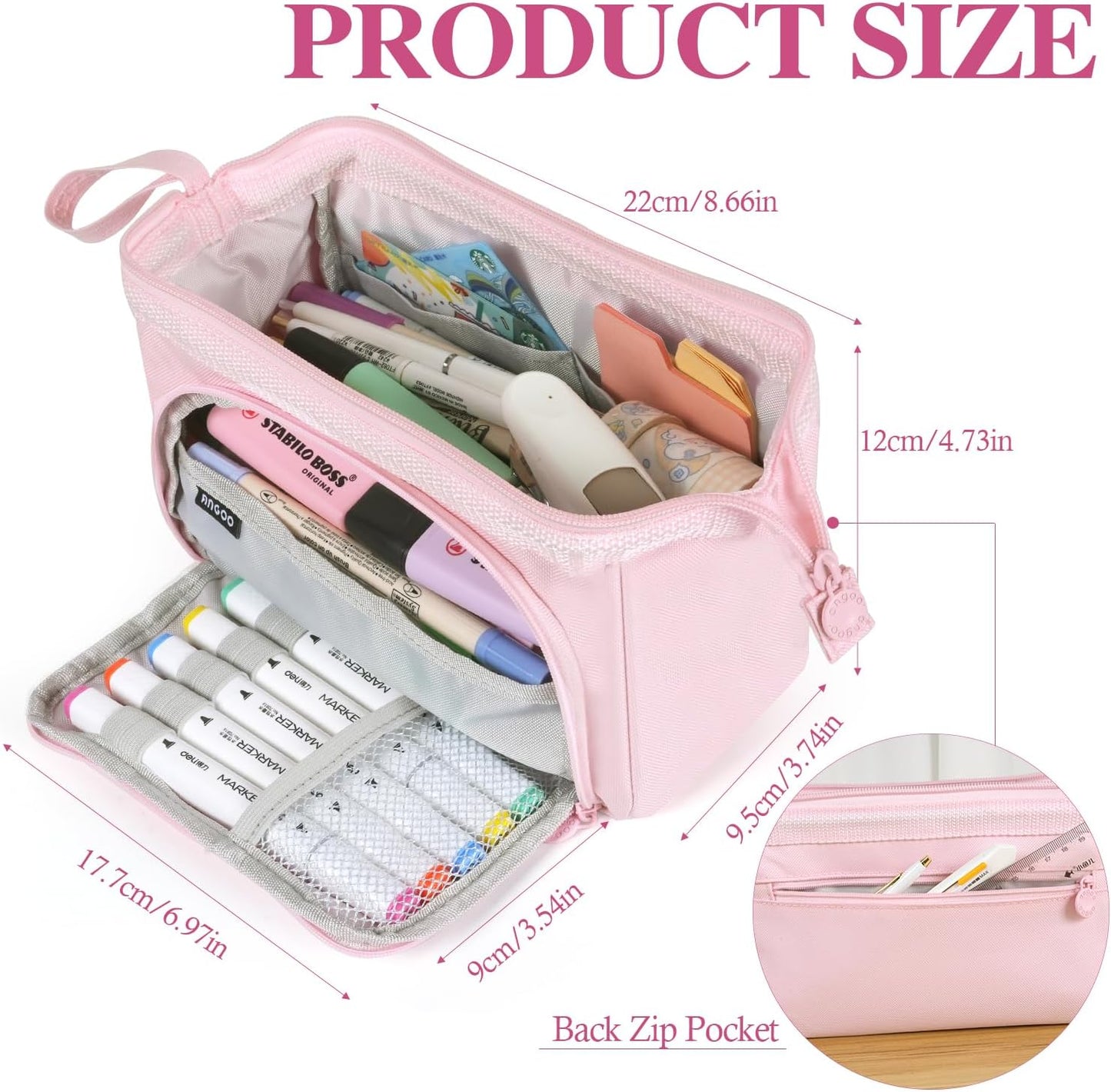 MAMUNU Pencil Case Pouch Large Capacity with Compartments, Pencil Case Pouch Bag with Zipper Handle for Teen Girls Adults Women, Portable Pen Bag Stationery Organizer for Office School Travel, Pink