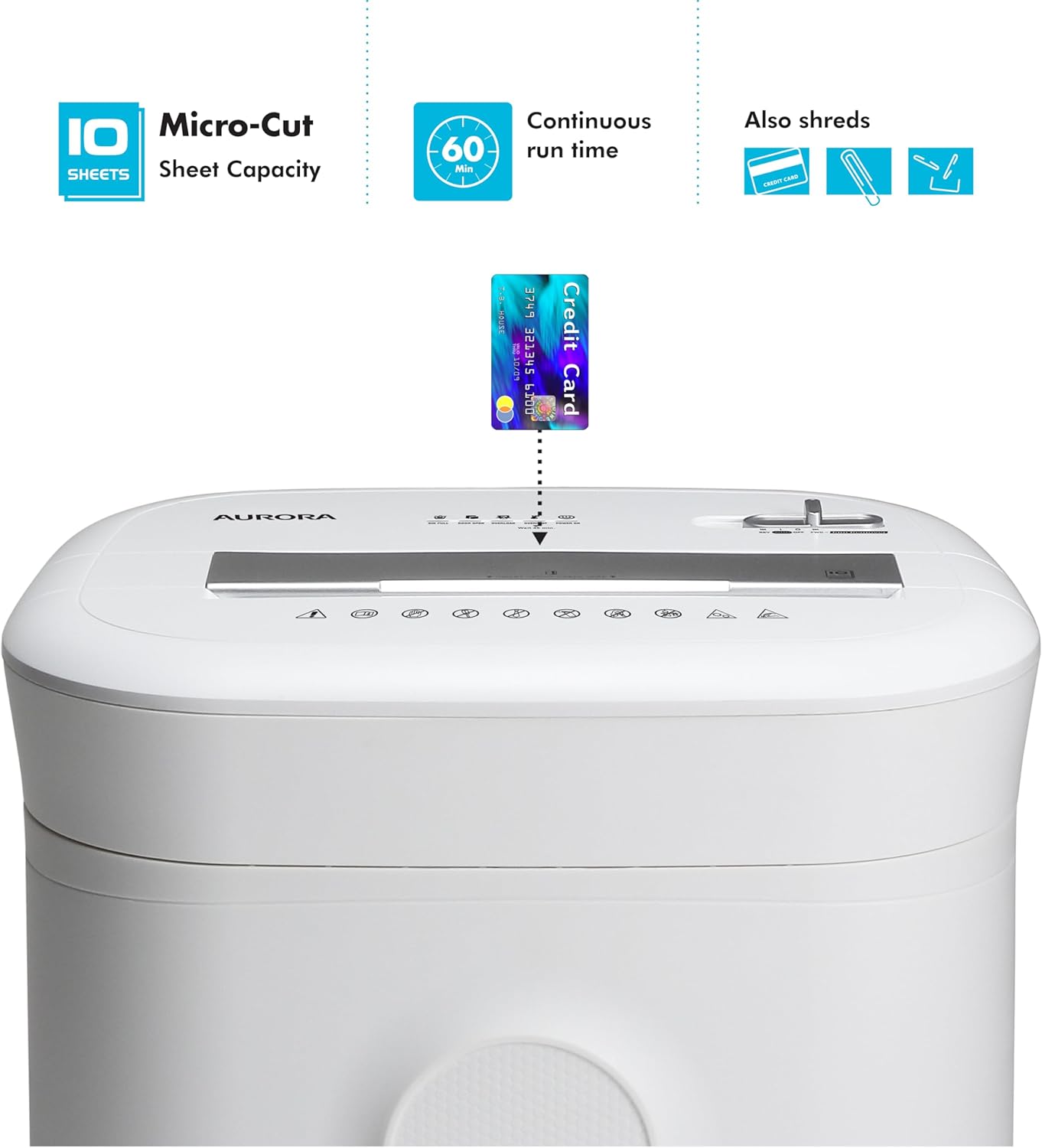 Aurora High-Security 10-Sheet Micro-Cut Paper and Credit Card Shredder with 6 Gallon Pullout Basket / 60 Mins Running Time/Security Level P-5