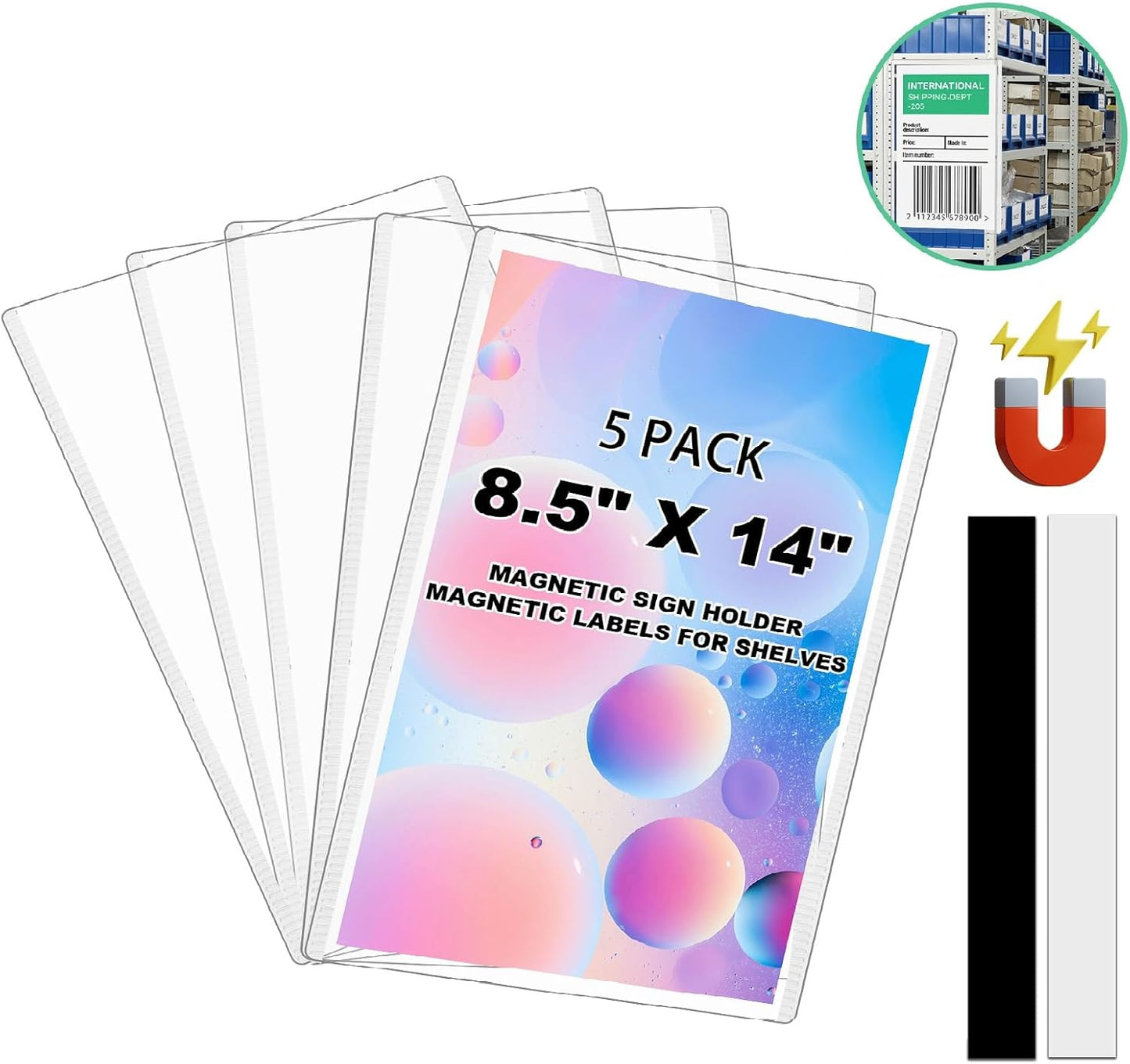 Legal Size Clear Plastic Sleeves 8.5x14 Document Paper Sheet Protectors for Warehouse,Transparment Information Label Holders Fits 4 Pages 4.25X7,Adhesive Magnetic Tape Including