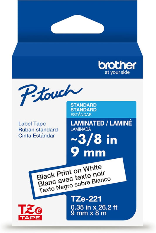 Brother Genuine TZe221~3/8" Black Print on White Label Tape. Each: 0.35 in x 26.2 ft (9 mm x 8 m)