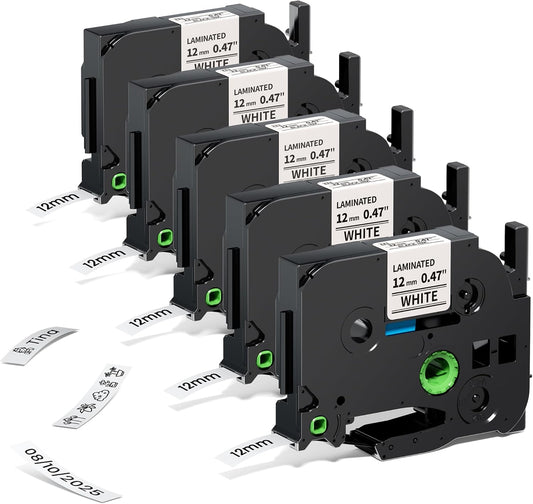 Airmall 12mm .47 Laminated White Tz Tape Compatible with Brother Label Maker Tape Refill TZe-231 TZe231 Replace for Brother P Touch D210 D200 D400 1280 1290 1880, Black on White 1/2 Inch, 5-Pack