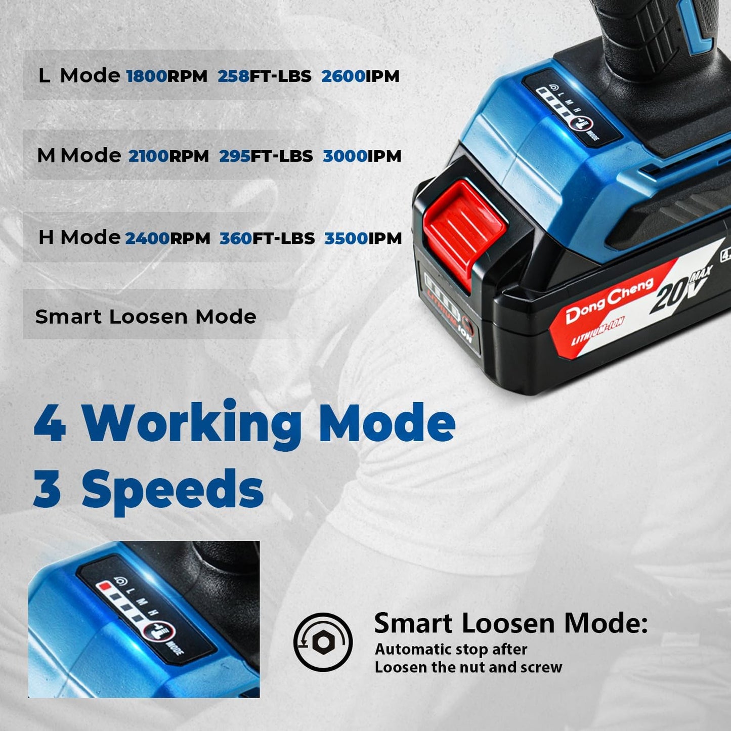 Dong Cheng 20V Brushless Impact Wrench, Max Torque 360 ft-lbs (488N.m), 1/2" with 3 Mode Speed, 2400 RPM Cordless Impact Gun, Includes 2 * 4.0Ah Battery and Charger, 4 Impact Sockets and Kit Bag