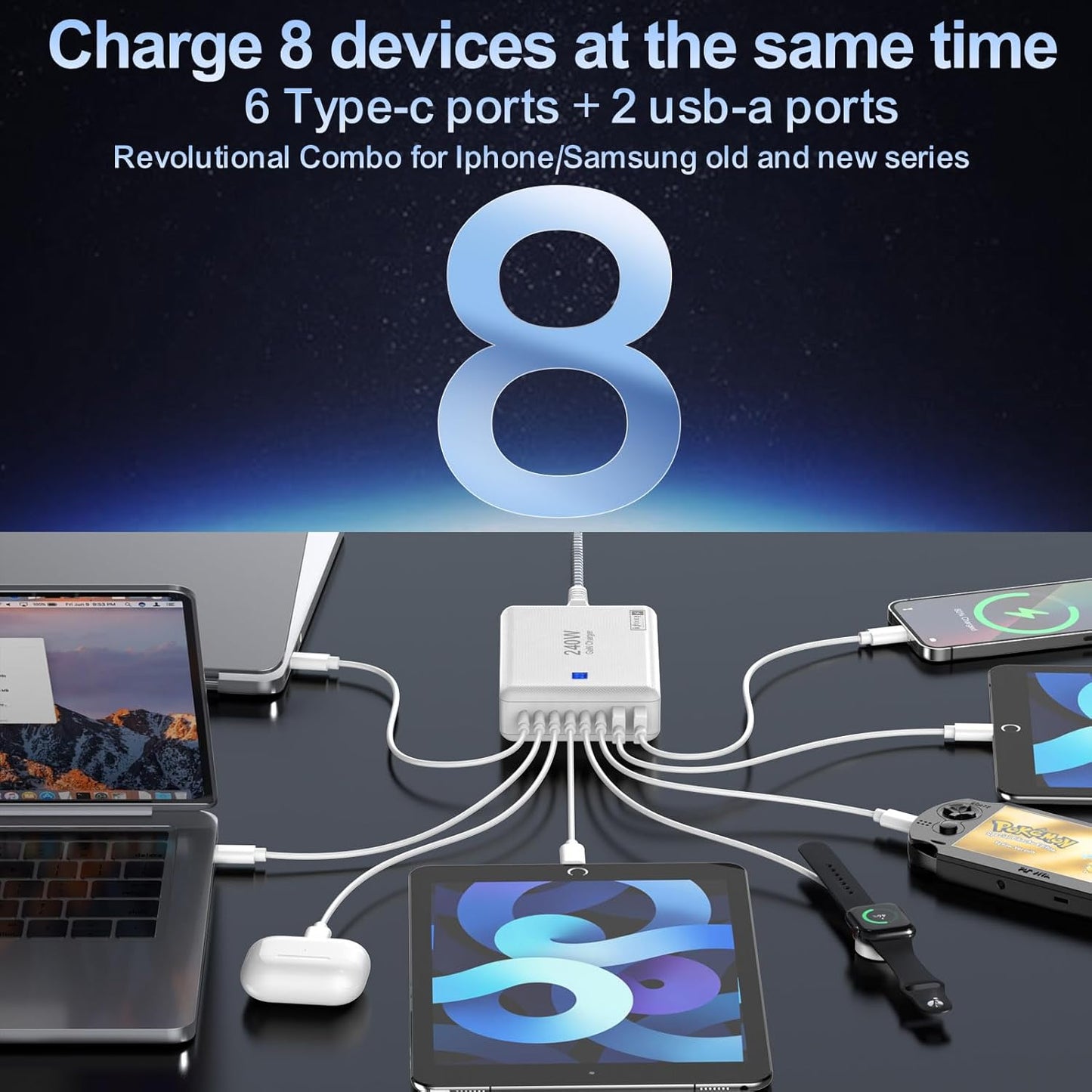 240W Fast Charging Blocks, 8-Port Charging Station for iPhone/Ipad/MacBook, 6C2A PD GaN Charger Box, USB Tower Hub 5ft Braided Power Cord with On/Off Switch, Flat Plug, Travel Essentials