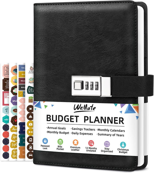 WEMATE Budget Planner 2025 with Lock, Monthly Budget Book with Expense Tracker Notebook, Undated Financial Planner to Manage Your Money, A5 Leather Account & Budget Book, Black