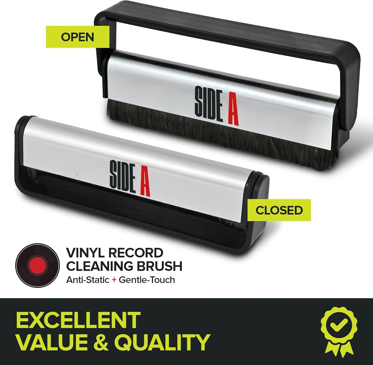 Side A Vinyl Record Brush with Soft Carbon Fibre Bristles, Anti-Static, Gentle Cleaning & Dusting- Essential Record Player Accessory