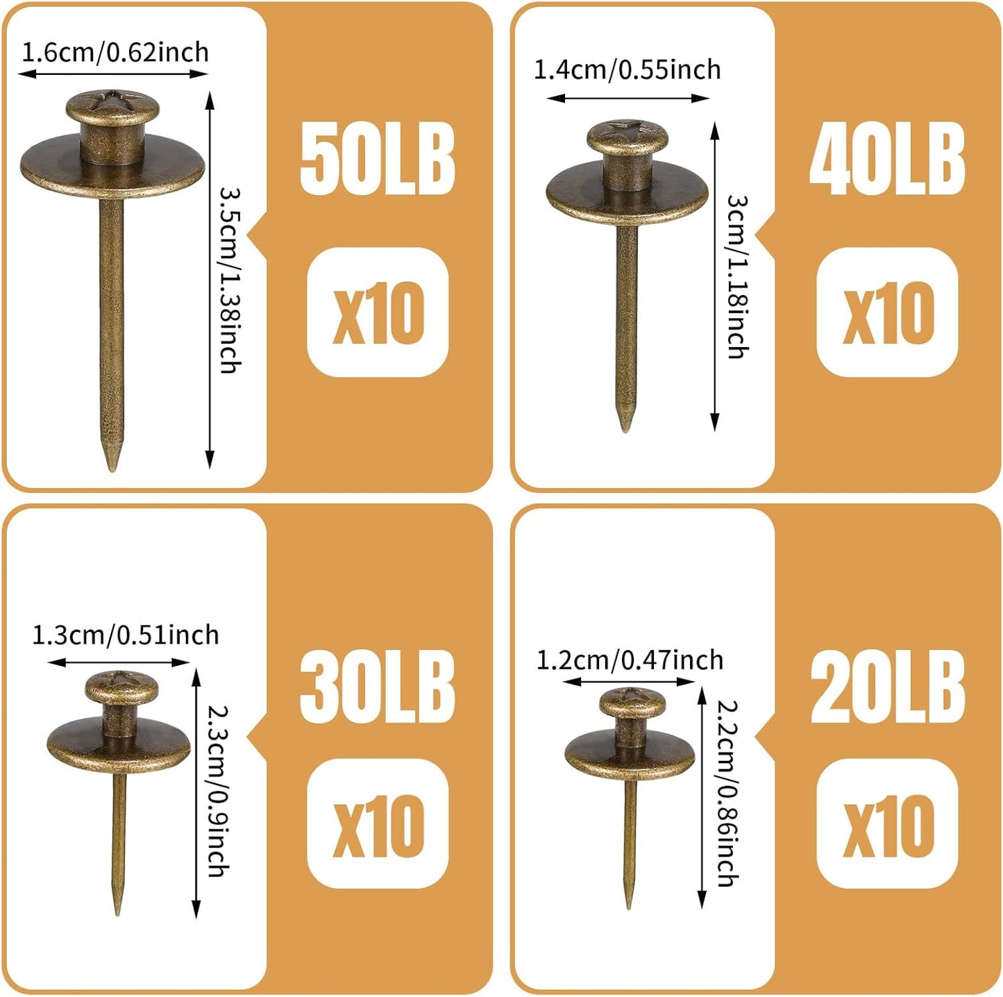 Zhengmy 40 Pcs Double Headed Picture Hangers Nails 4 Size Long Thumb Tacks Wall Nails for Hanging Pictures Decorative Push Pins Hooks for Drywall Photo Office Home Decor, 20/30/ 40/ 50lb(Bronze)