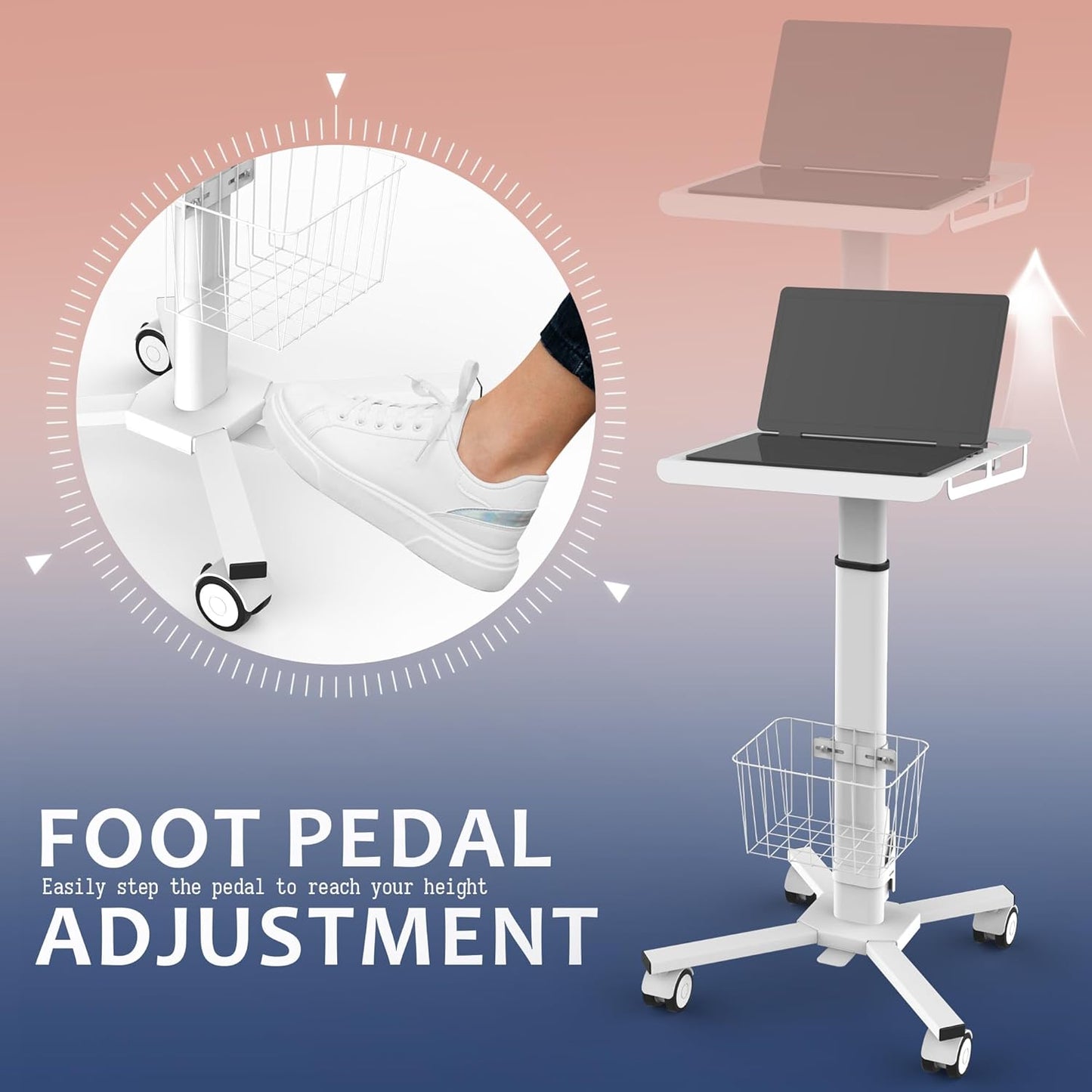 Adjustable Height Portable Laptop Desk with Wheels,White Computer Cart on Wheels,Standing Mobile Desk Workstation, Utility Medical Cart