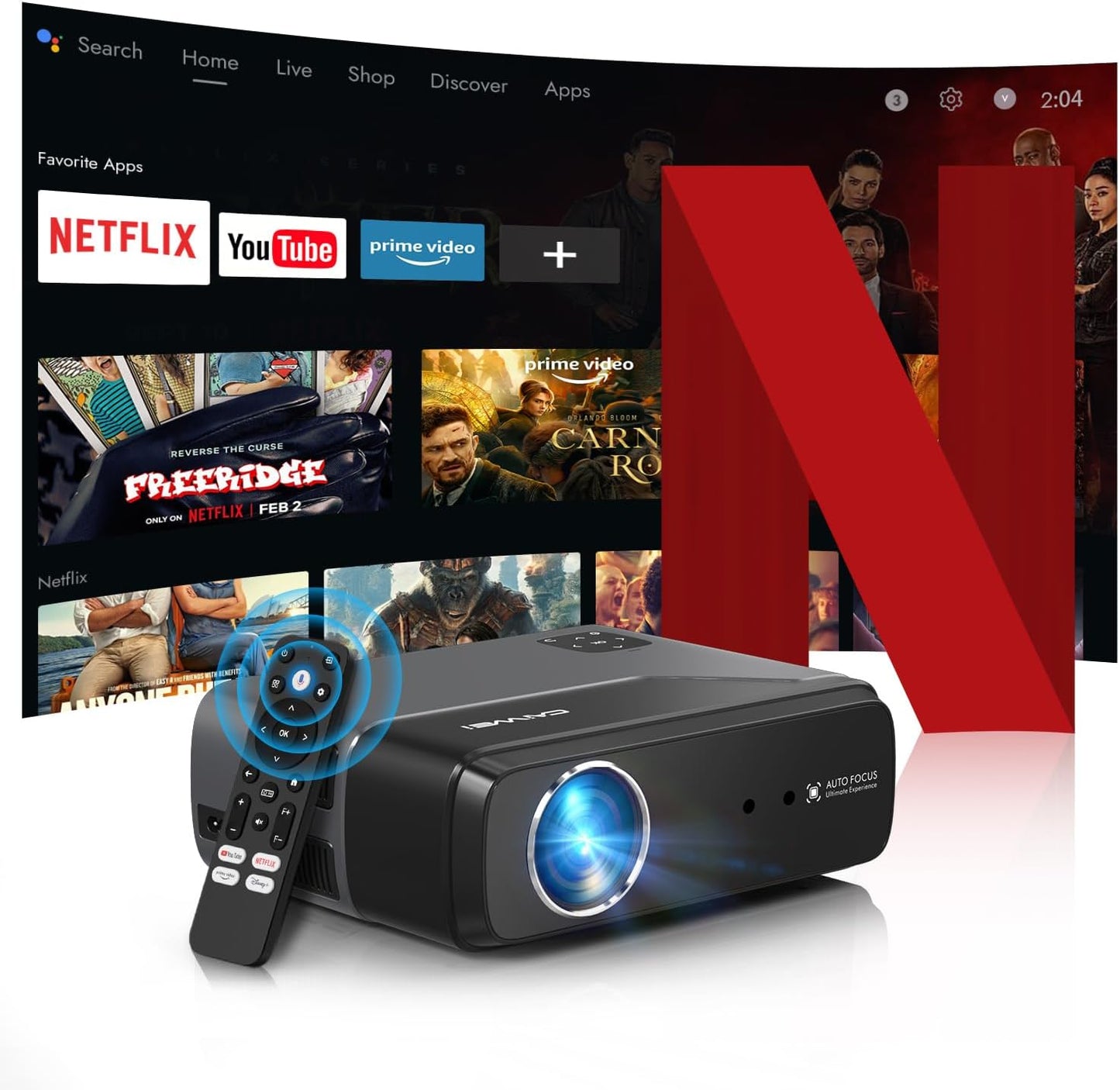 Portable Smart Projector Netflix Officially,AI Auto Focus&Keystone,1200ANSI 4K Support,WiFi6+2.4/5G WiFi,Two-way Bluetooth,Dolby Audio,HDR10,Android TV 11.0,Google Assistant,Home Theater Outdoor Movie