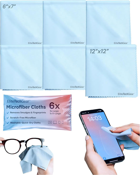 Elite Tech 6-Pack Oversized Microfiber Cloths for Electronic Devices, Eyeglasses, Screens and Lenses - Washable; 6×7 in & 12×12 in - Eyeglass Cloth - Glasses Cleaner