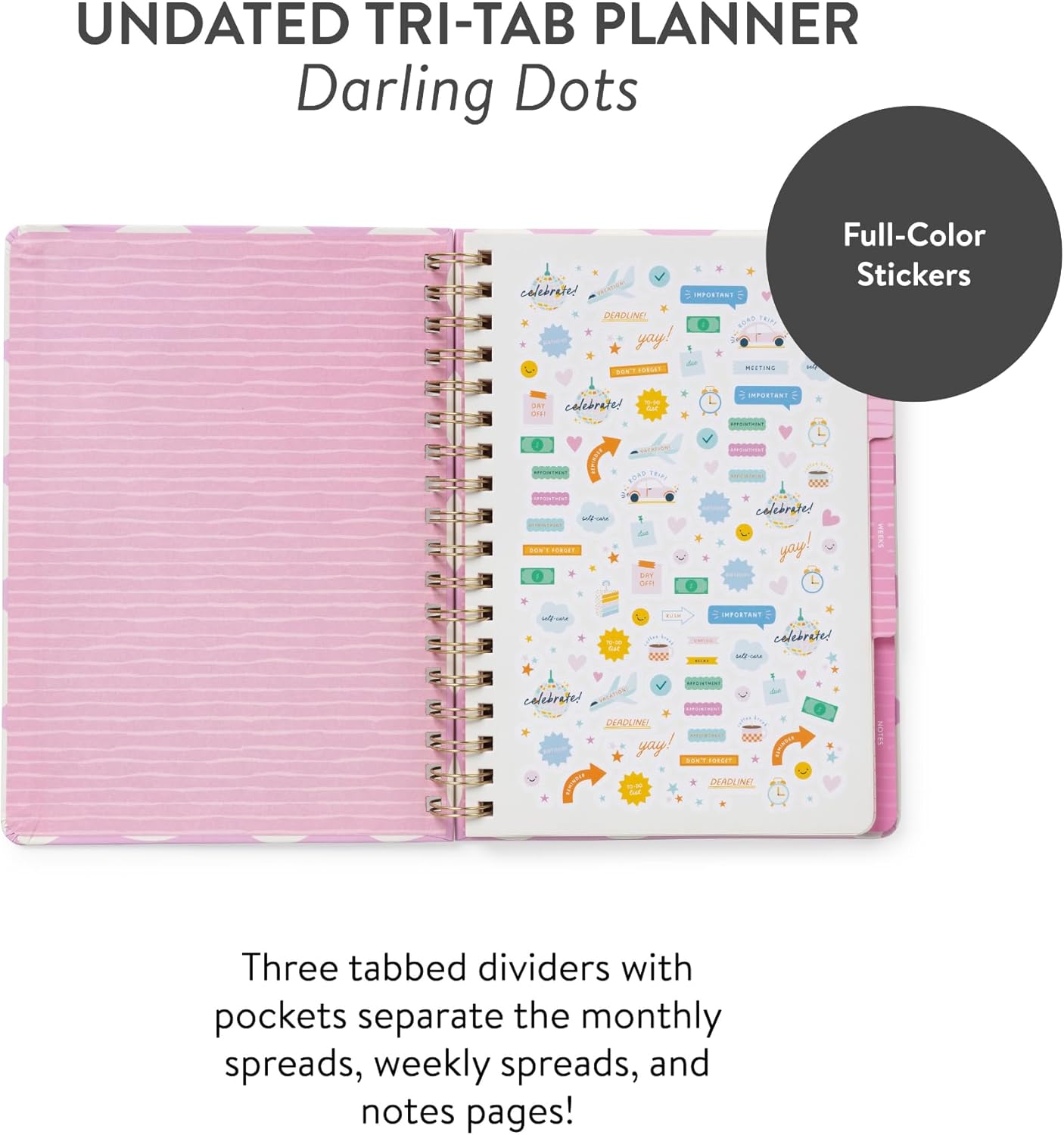 Orange Circle Studio Undated Tri-Tab Academic Planner 2026, Darling Dots, Daily Notebook Journal, Cute Weekly and Monthly Calendar with Pocket, Stickers, Lined Pages for To Do lists and Planning