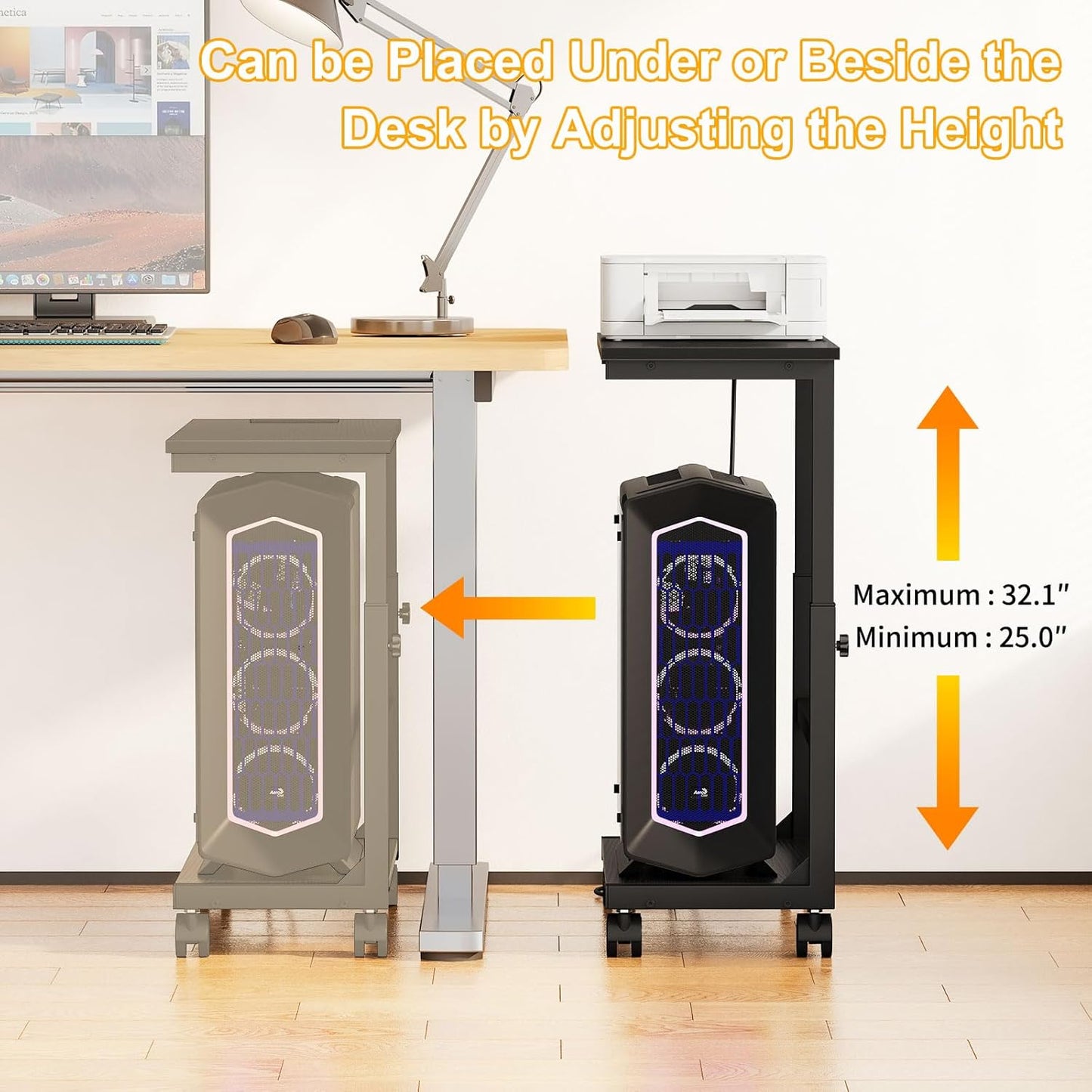 Snughome Computer Tower Stand with Charging Station, 25.0"-32.1" Height Adjustable PC Tower Stand for Floor, Mobile PC Holder with Locking Wheels Computer Cart for Home Office