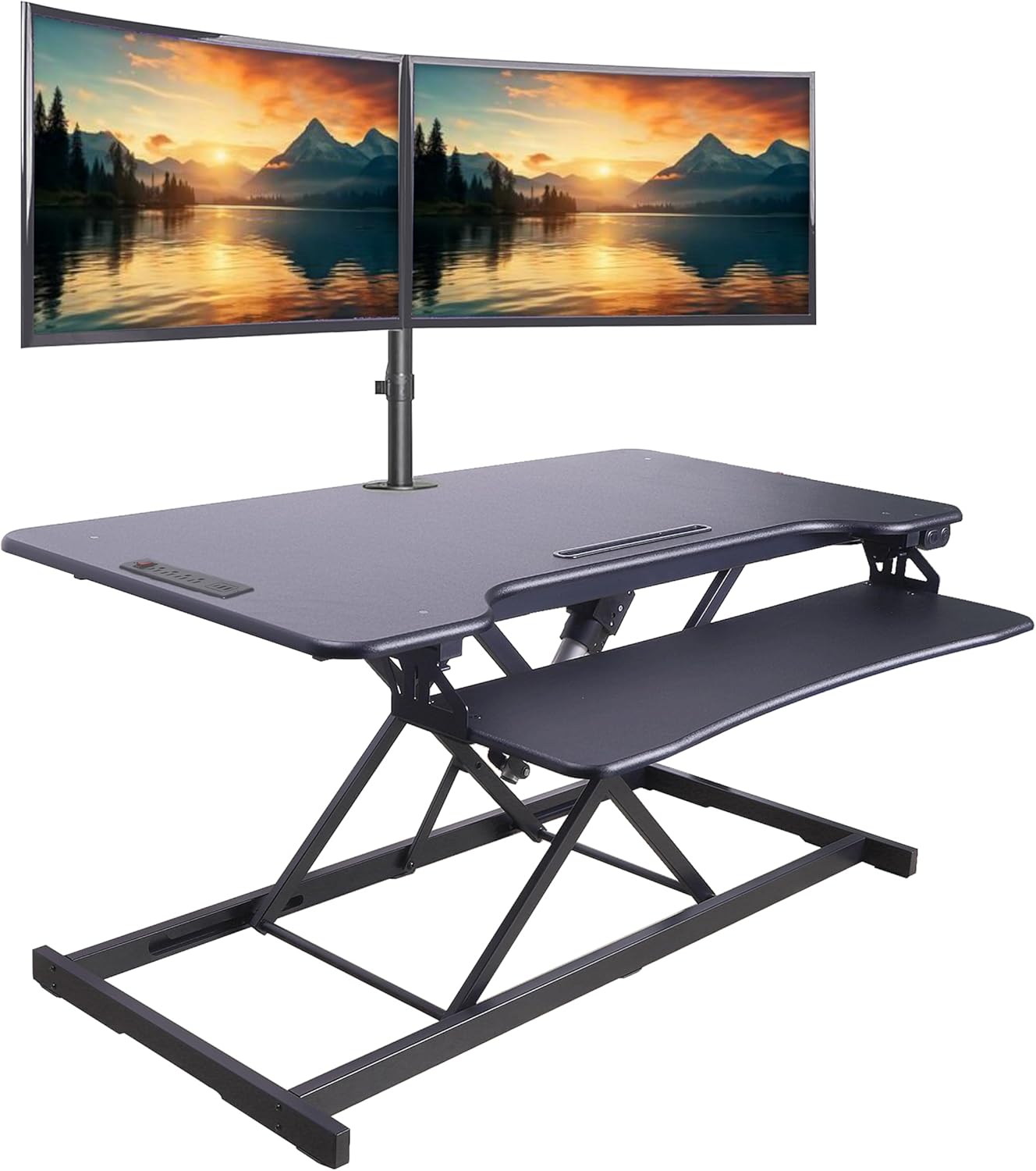 Rocelco 46" Electric Standing Desk Converter with AC Outlet USB Charger and Dual Monitor Arm Mount - Motorized Adjustable Sit Stand Riser - Tabletop Workstation Keyboard Tray - Black (R EDRB-46-DM2)