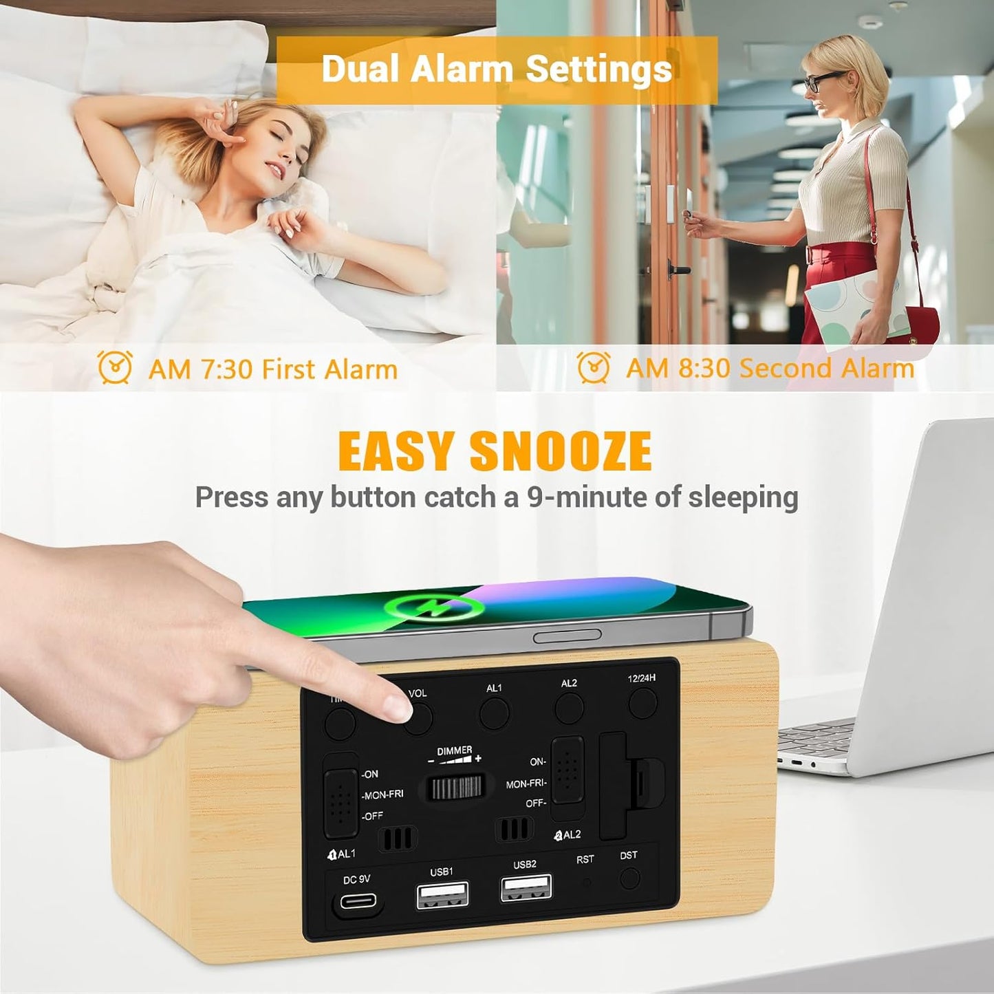 Wood Digital Alarm Clock with 10W Fast Wireless Charger, USB Charging Ports, DST, Dimmable, Snooze, Large Number LED Display for Bedrooms, Desk, Living Room Table, Bedside, Nightstand (Bamboo)