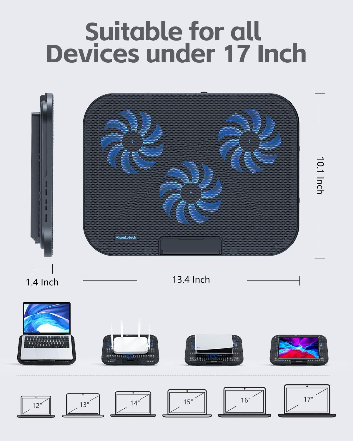 Laptop Cooling Pad, Laptop Cooler 3 Fans for 12-17 Inch Laptops, Height Adjustable Laptop Cooling Stand with 2 USB Port & Phone Holder