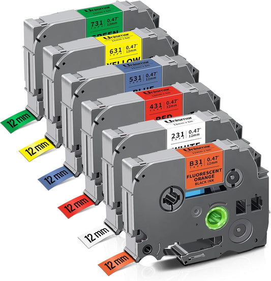 Unismar 6-Pack Compatible for Brother P Touch TZe-231 B31 431 531 631 731 TZe TZ Tape 12mm 0.47 Laminated Flu.Orange/White/Red/Blue/Yellow/Green for Ptouch PT-D220 D210 D400 D410 PTH110 Label Maker