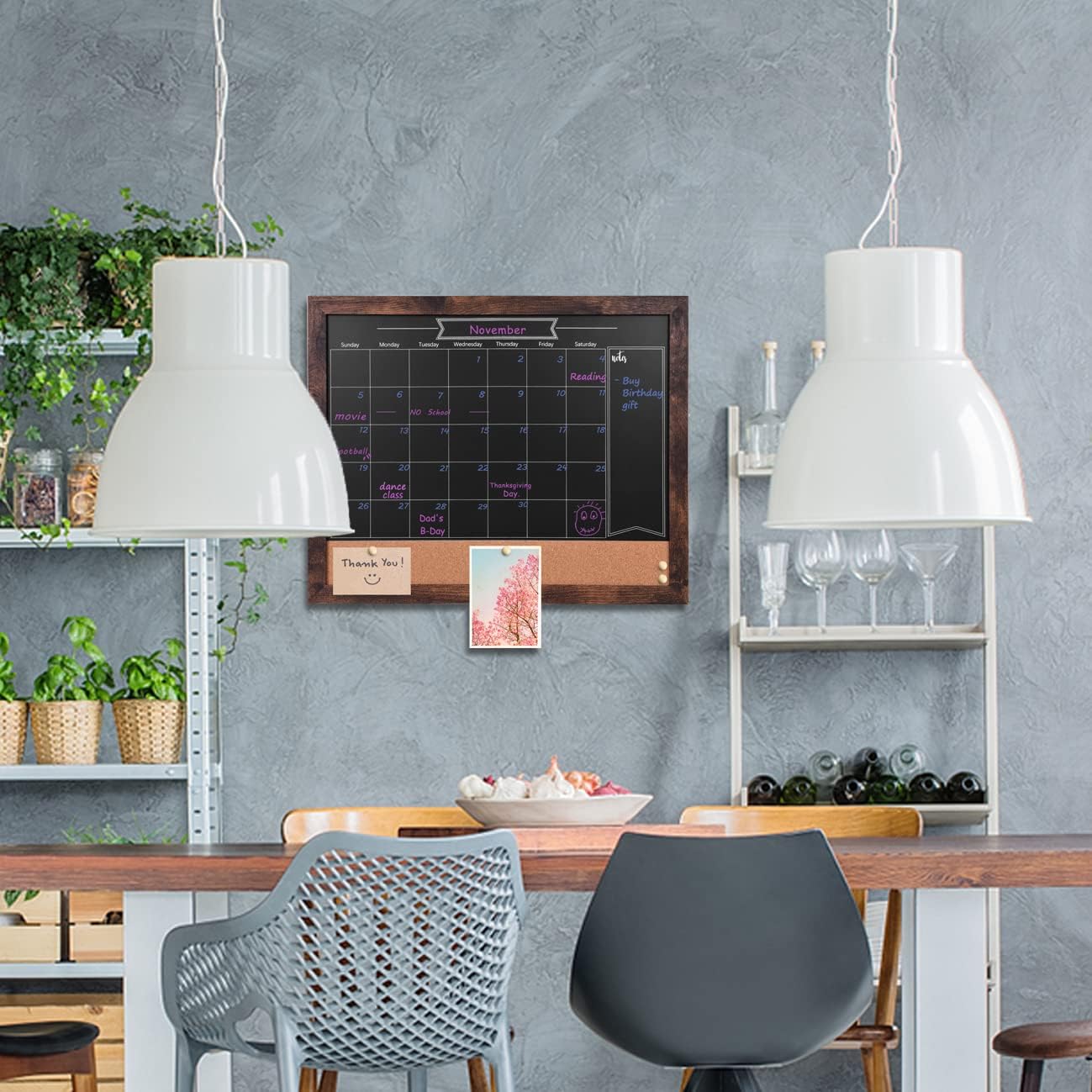 TORASO Magnetic Chalkboard Calendar Corkboard, Small Combination Chalk Board Bulletin Board, 13" x 17",Walnut Brown Framed Blackboard Calendar Cork Combo Board(ZHHB-BN-3343)