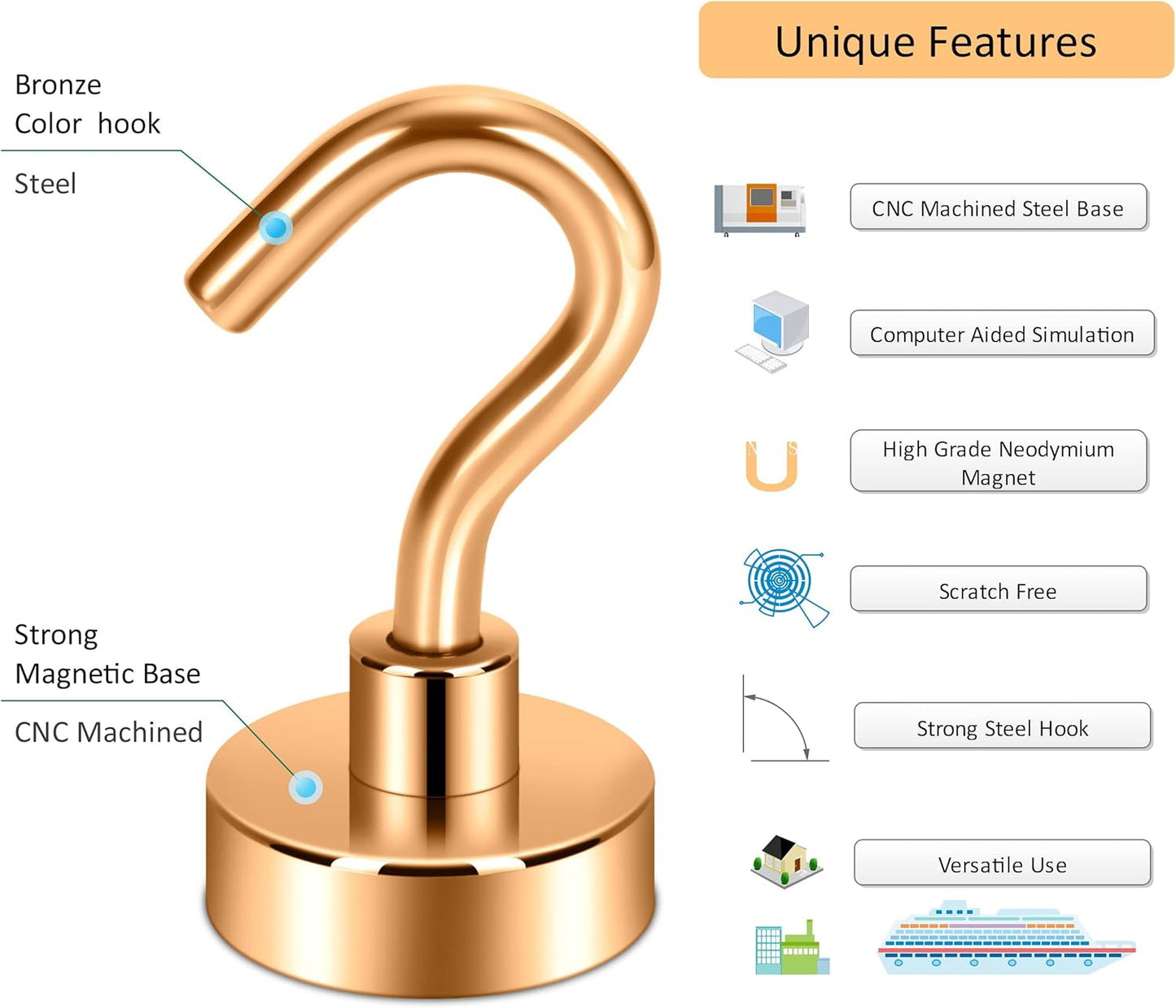 Neosmuk Magnetic Hooks,30lb Heavy Duty Earth Magnets with Hook for Refrigerator, Extra Strong Cruise Hook for Hanging, Magnetic Hanger for Curtain, Grill (Bronze, 4 Pack)