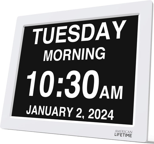 American Lifetime 【New 2024 Dementia Clock Large Digital Clock for Seniors, Digital Clock Large Display, Custom Alarms, Clock with Day & Date for Elderly, Large Number Digital Clock White, 15 Inch
