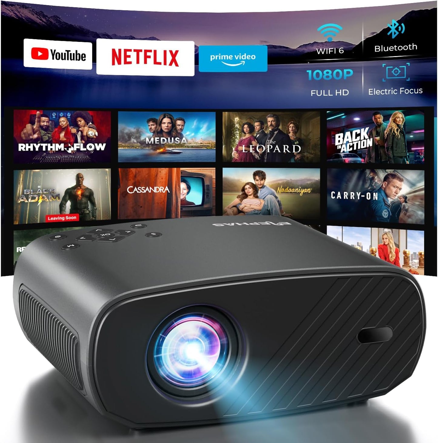ELEPHAS Projector with WiFi & Bluetooth - 800 ANSI Lumens HD Home Theater, Officially Licensed Netflix/Prime Video/YouTube, Auto Keystone, HDMI/USB, iOS & Android Compatible