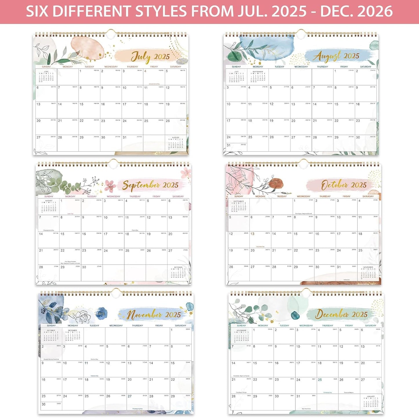 Wall Calendar 2025-2026 – Calendar 2025-2026, 11.5 x 15 In, July 2025 - December 2026, 18 Monthly Calendar, Large Block with Julian Dates, Thick Paper, Holidays, Hanging Hook, Twin-wire Binding
