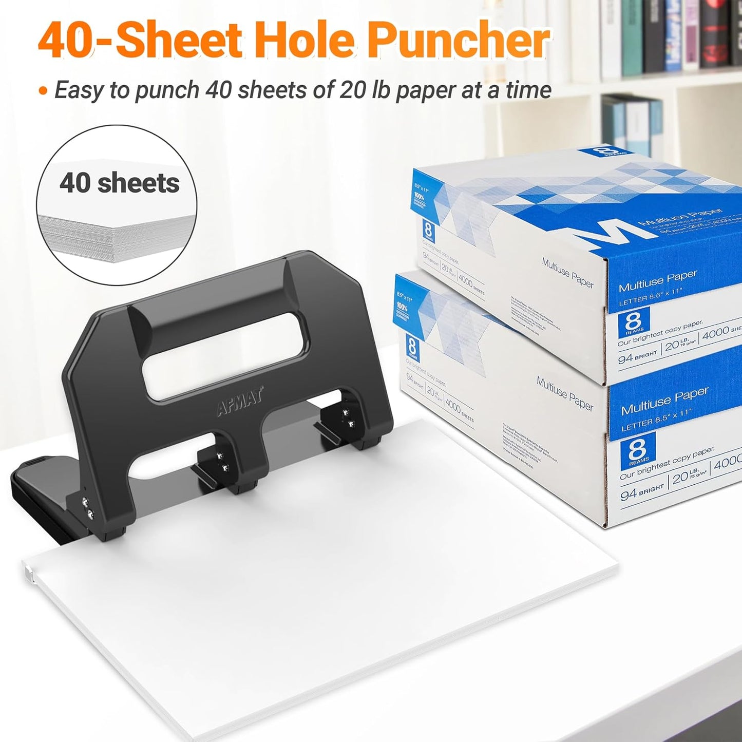 3 Hole Punch Heavy Duty, AFMAT 3 Hole Puncher for Binder, 10000+ Punching Times, 40-Sheet Three Hole Punch, Metal Hole Puncher 3 Ring, 50% Reduced Effort, Bulit-in S.S. Paper Guide, Gray