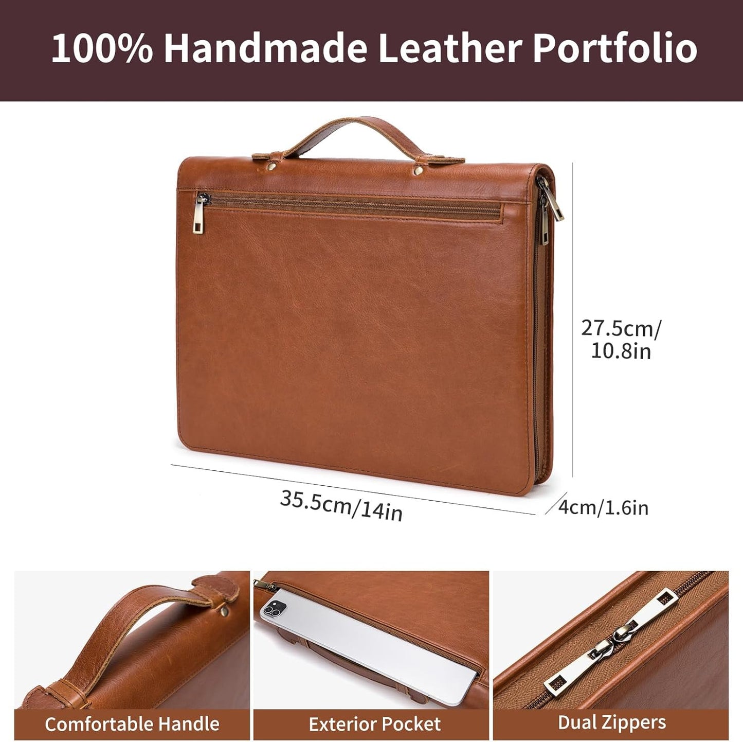 Personalized Genuine Leather Portfolio with Hidden Handle, Zippered Front Pocket, 8.5 x 11 Notebook Holder, Custom Engraved Business Legal Padfolio Travel Folio for Men Women, Oil Tanned