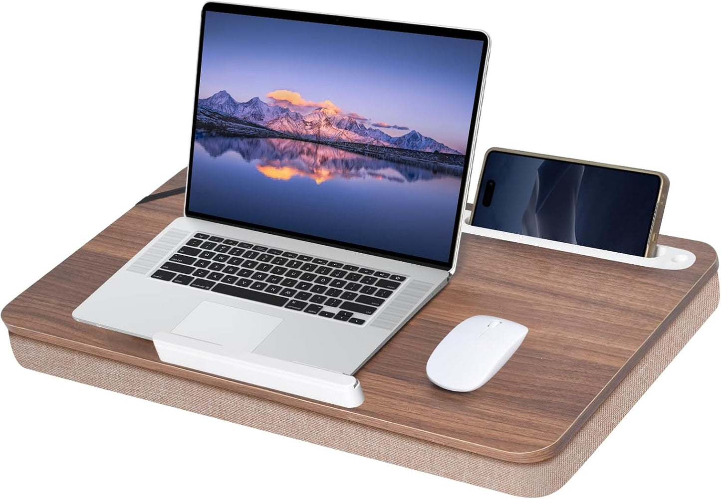 Premium Laptop Desk with Phone Holder, Wood Grain Finish, 21 Inch Portable Lap Desk, Cushioned Base for Home Office, Work
