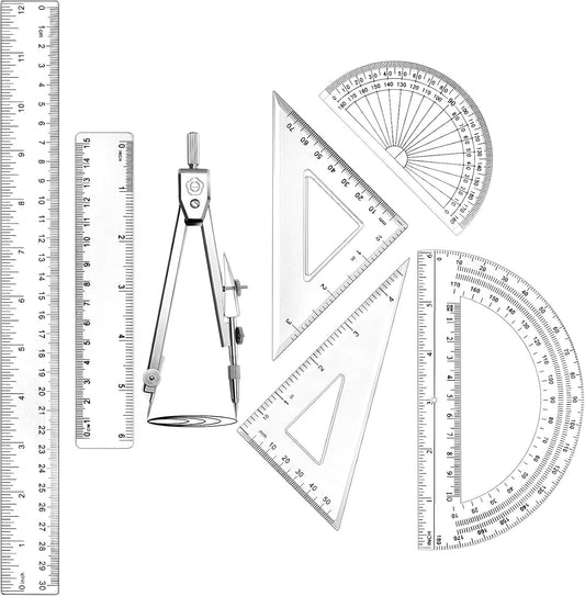 Zonon 1 Set Plastic Geometry Math Set Includes Drawing Compass, 6 and 4 Inch Protractor, 45/60 Degree Triangle Rulers 12 and 6 Inch Math Ruler Transparent for Office Supplies(Clear)