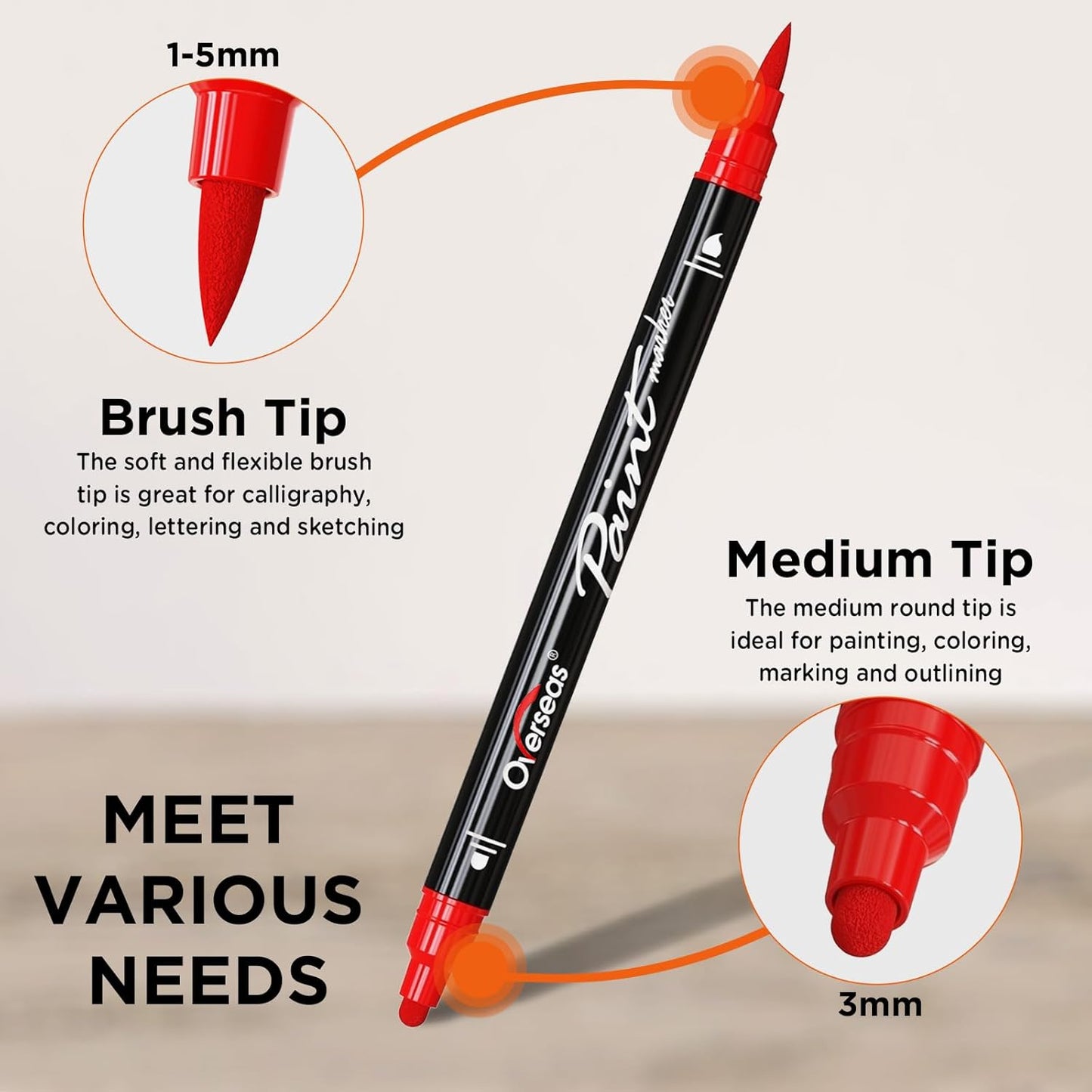 Overseas Gold Acrylic Paint Markers, 2 Pack Dual Tip Paint Pens Acrylic Markers with Dot and Brush Tip, Coloring Marker for Wood, Rock, Canvas, Glass, Metal, Ceramic, Plastic, Fabric, School Supplies