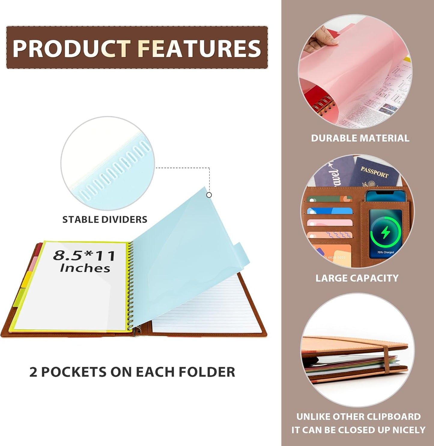 Clipboard with Storage for Men Women, Leather Padfolio Portfolio Organizer 5 Folders with 10 Pockets, Spiral Clipboard Folio with Notepad for Letter Size, Elastic Closure and Pen Loop Brown