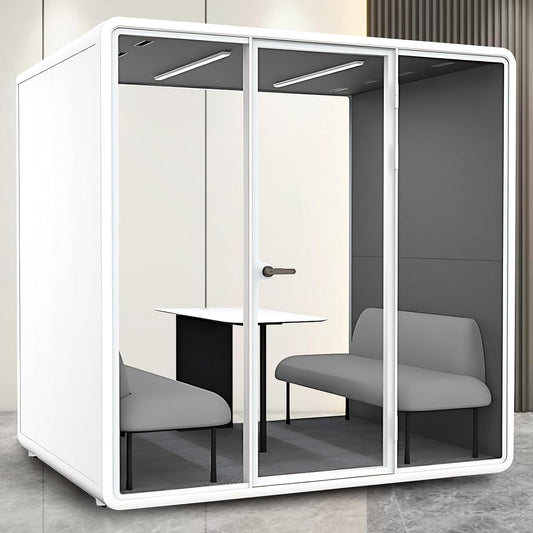 Office Sound Booth with Audio Privacy - Portable Soundproof Booth Includes White Frame with Curved Corners,Soundproof Room with Light,Fans, Magnetic Door Lock for Negotiation Room (70.08IN)