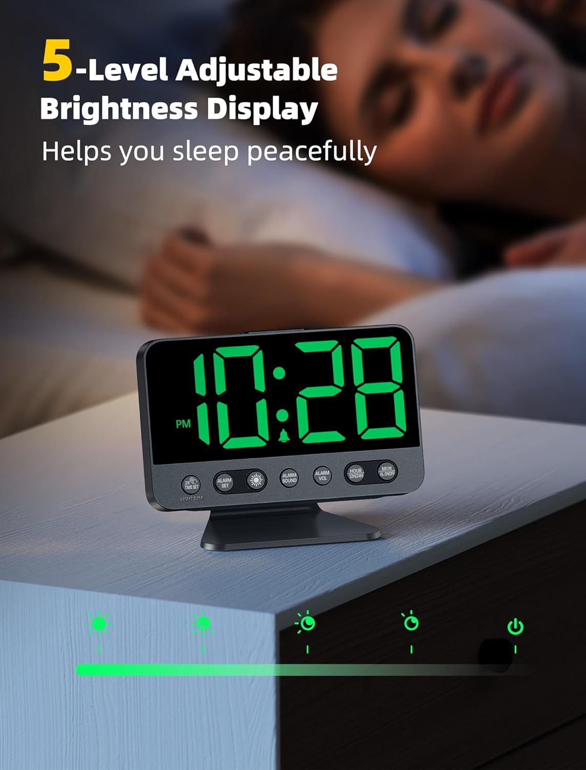 Digital Alarm Clocks for Bedrooms: Large Bold Number 5 Brightness Dimmer - Easy to Read Across The Room - 5 Alarm Sound 8 Night Light - Green