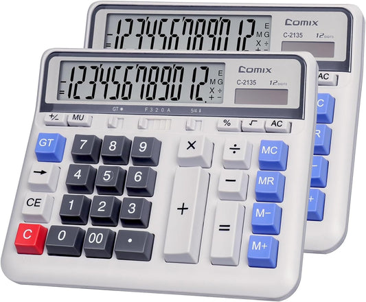 Comix Desktop Calculator Solar Battery Dual Power with 12-Digit Large LCD Display and Large Computer Keys Standard Function Calculator for Home Office School, White(2 Pack)