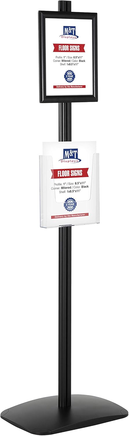 M&T Displays Free Standing Aluminum Display Stand Double Sided Document Brochure Sign Holder Front Loading Portrait Landscape Black Snap Frame 1x(8.5x11) and Clear Acrylic Pocket 1x(8.5x11) Inch
