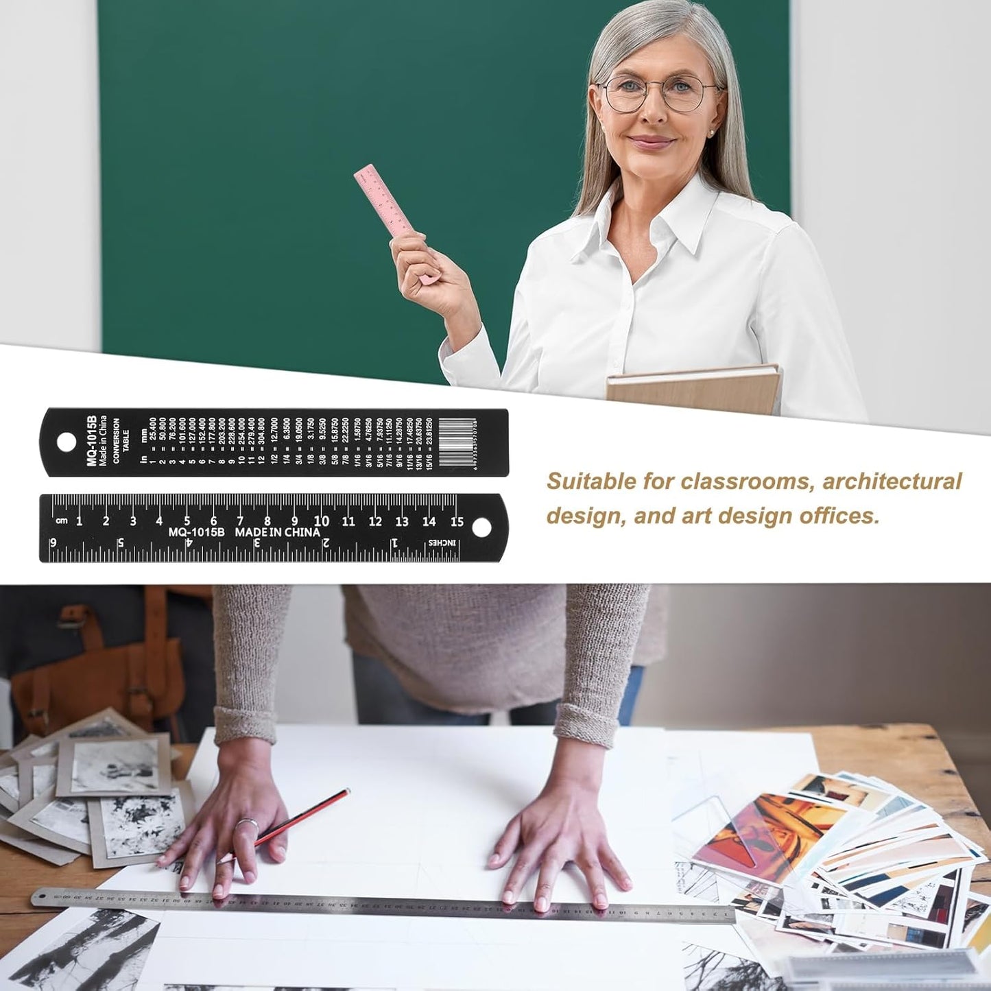 HARFINGTON 6pcs Metal Straight Ruler 15cm Metric SAE Aluminum Alloy Measuring Rulers Scale Tool with Hole for Measure Study Reading Classroom Office, Black