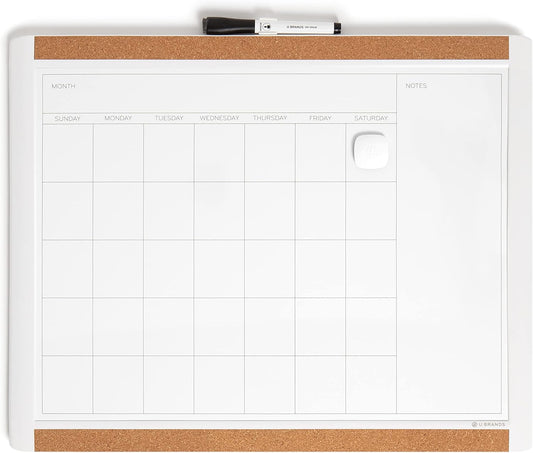 U Brands Magnetic Dry Erase Calendar White Board, 16" x 20", White Pin-It Frame, Includes Marker and Magnet