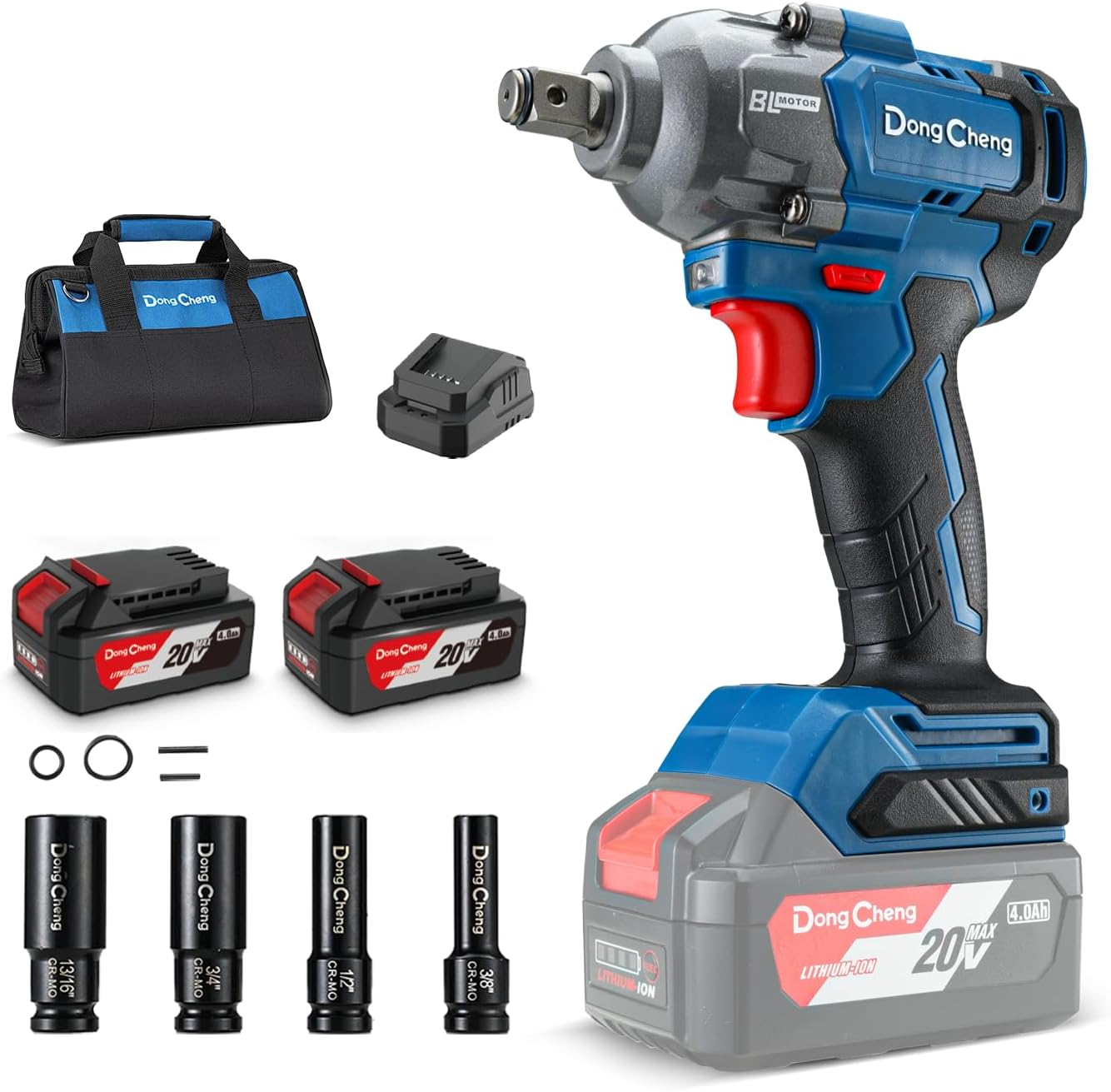 Dong Cheng 20V Brushless Impact Wrench, Max Torque 360 ft-lbs (488N.m), 1/2" with 3 Mode Speed, 2400 RPM Cordless Impact Gun, Includes 2 * 4.0Ah Battery and Charger, 4 Impact Sockets and Kit Bag