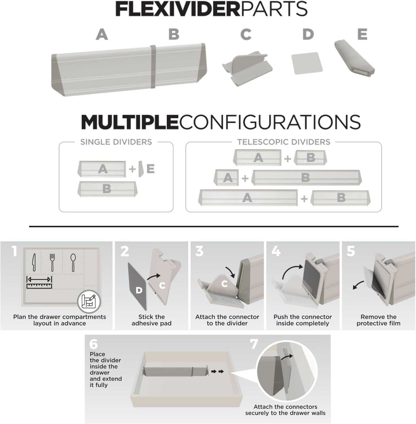 Practical Comfort FLEXIVIDER Aluminum Drawer Organizer - 9 Telescopic Dividers Set - Champagne