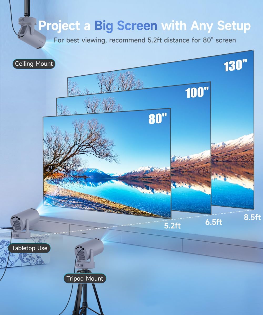 Mini Projector with WiFi 6 and Bluetooth 5.4, Portable Projector 4K support, 5w Soundbase Speaker, Auto Vertical Keystone 180°Rotatable Smart Proyector for Movie Home Outdoor HY300Pro+ (Grey)