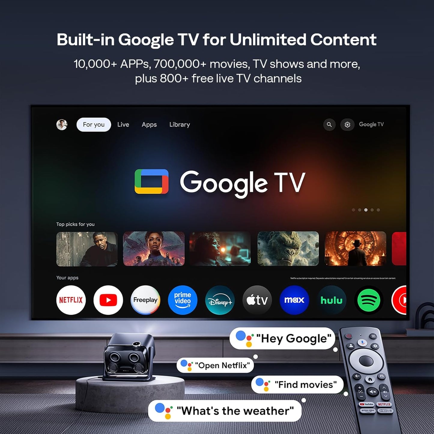 Aurzen BOOM mini Google TV 4K Supported Smart Projector with WiFi and Bluetooth, Outdoor & Home Movie Projector with 20W Speakers DoIby Audio, Real-Time Focus & Keystone, 500 ANSI Lumens, Black