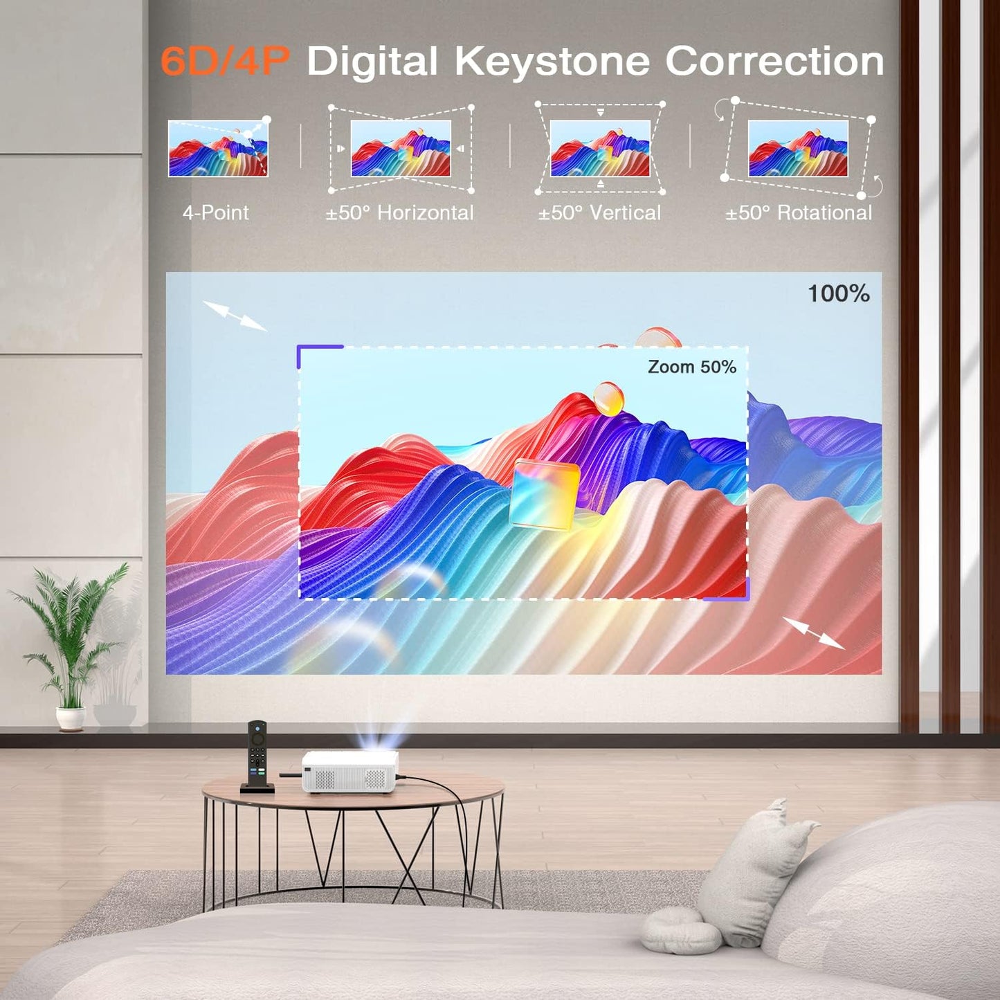 AuKing Projector, 2025 Upgraded 6D/4P-Keystone Projector, Full HD 1080P Home Theater Video Projector, Compatible with HDMI/USB/AV/Smartphone/TV Box/Laptop